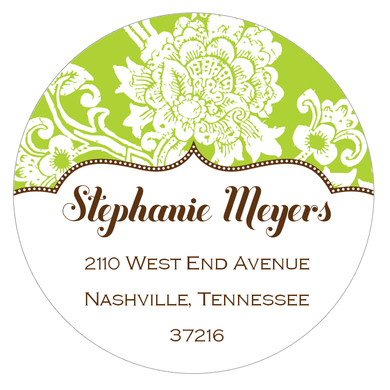 White Floral Pattern on Green and White Round Address Labels